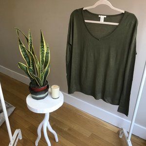 H&M Olive Green Long Sleeve V Neck Top